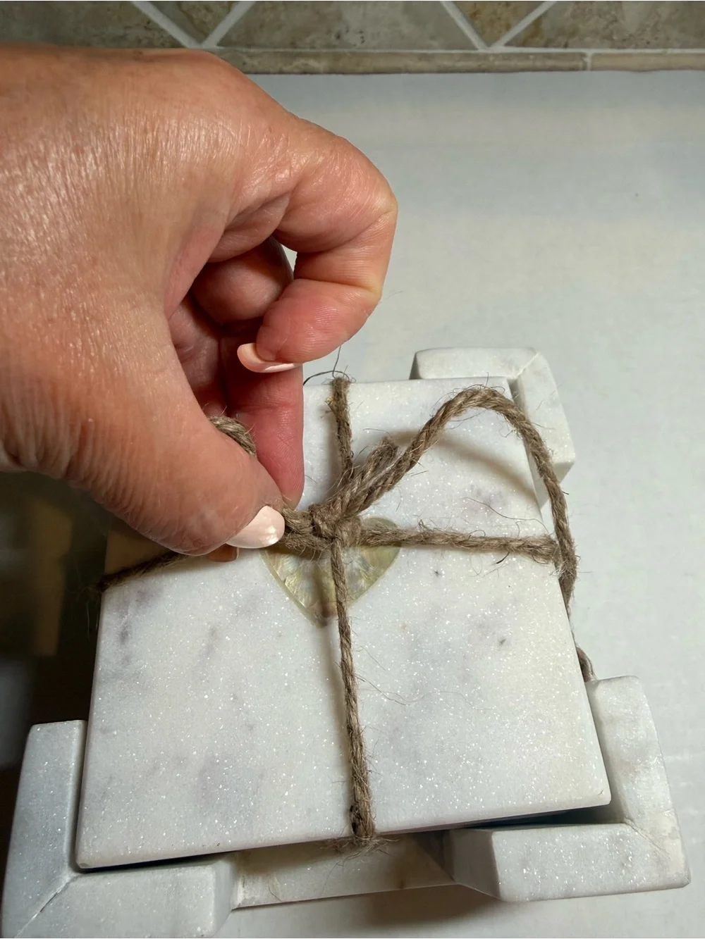 Creative Co-Op Set of 4 Square White Marble Coasters w/ Marble Holder India